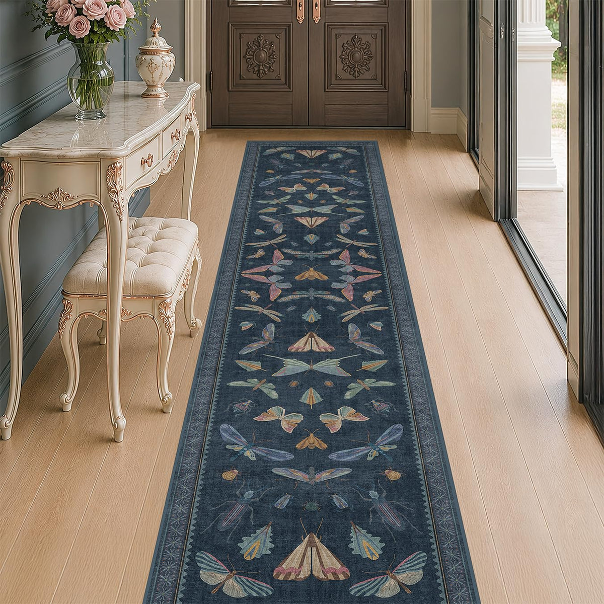 Hazo Haus Dark Green Insect Area Rugs 8x10 for Living Room, Dining Room Under Table, Bedroom, Unique Washable Floral Non Slip Low Pile Soft Rug
