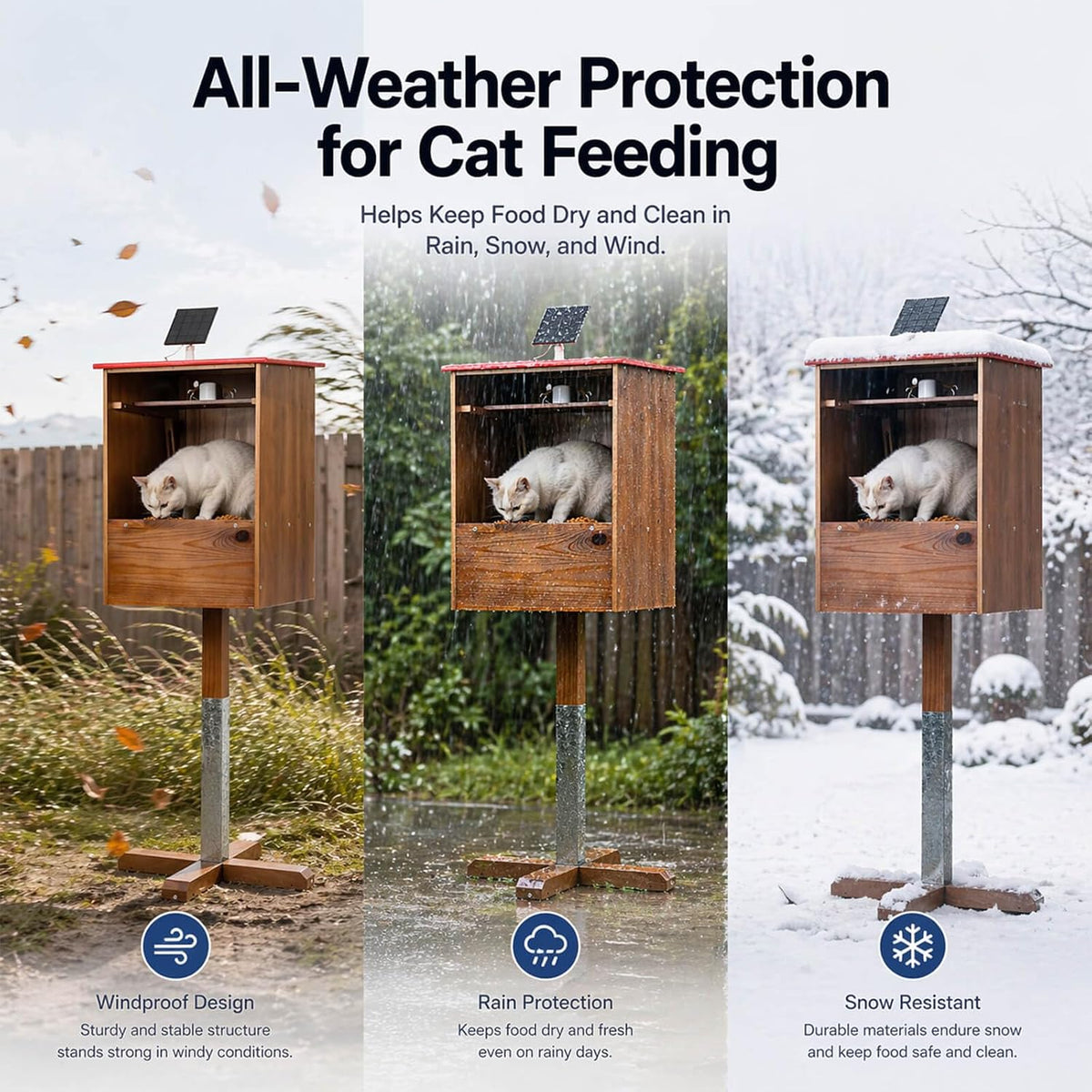 Outdoor Cat Feeding Station with Camera, Solar Powered Raccoon Proof Feral Cat Feeder, Weatherproof Elevated Outdoor Cat Feeder with Dual Viewing Angles & App Alerts