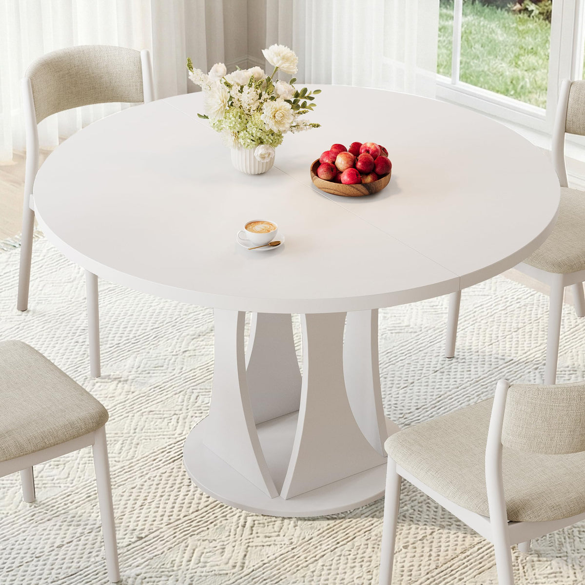 iPormis Round Dining Table, 47'' Kitchen Table for 4-6, Dining Room Dinner Table with Wooden Tabletop & Geometric Arcs Pedestal for Kitchen, Living Room, Home, Office, Walnut