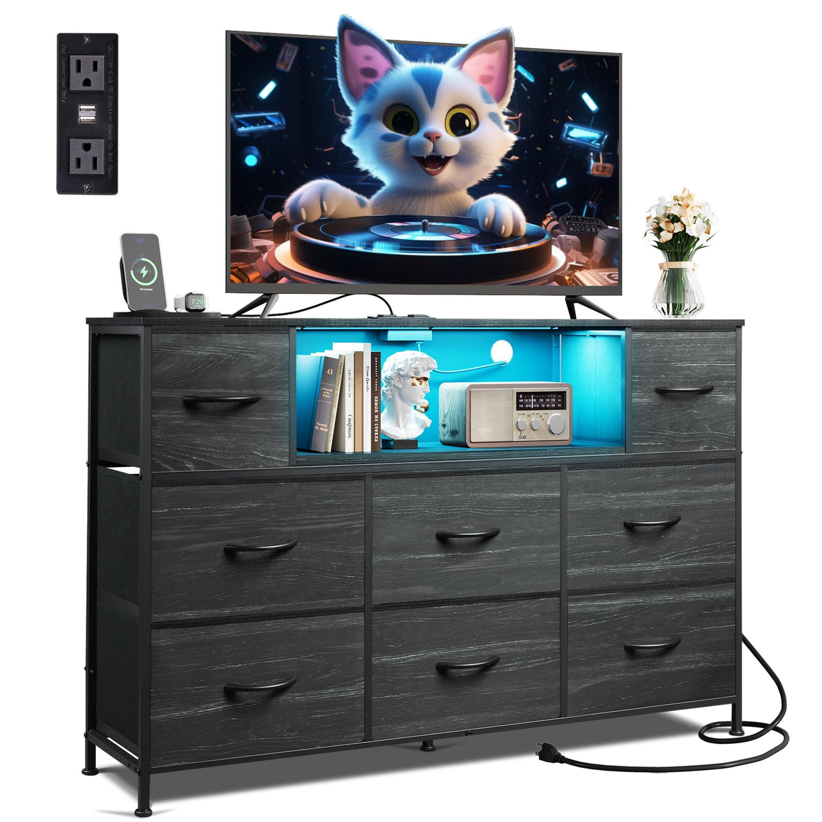 WLIVE LED Black Dresser TV Stand for 55 Inch TV, 8 Drawers