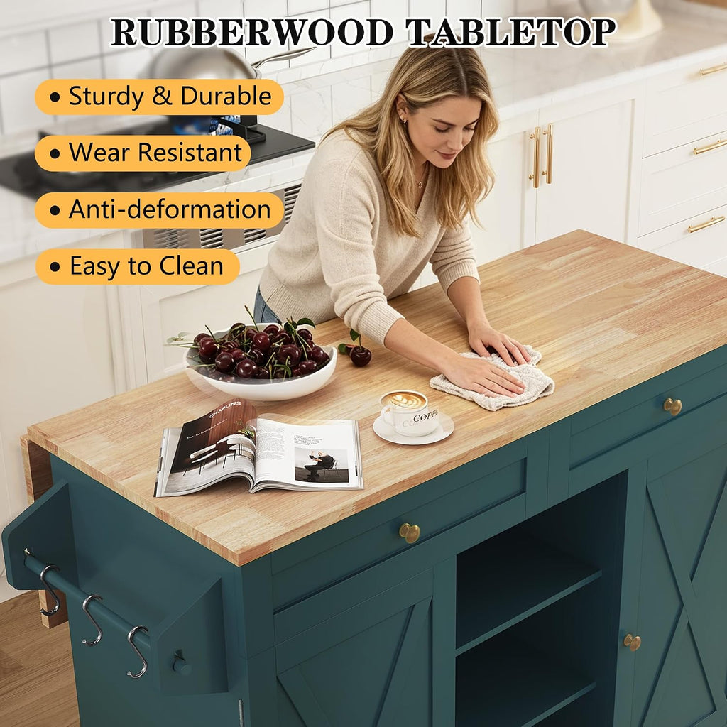 HLR Farmhouse Kitchen Island On Wheels, Teal Green
