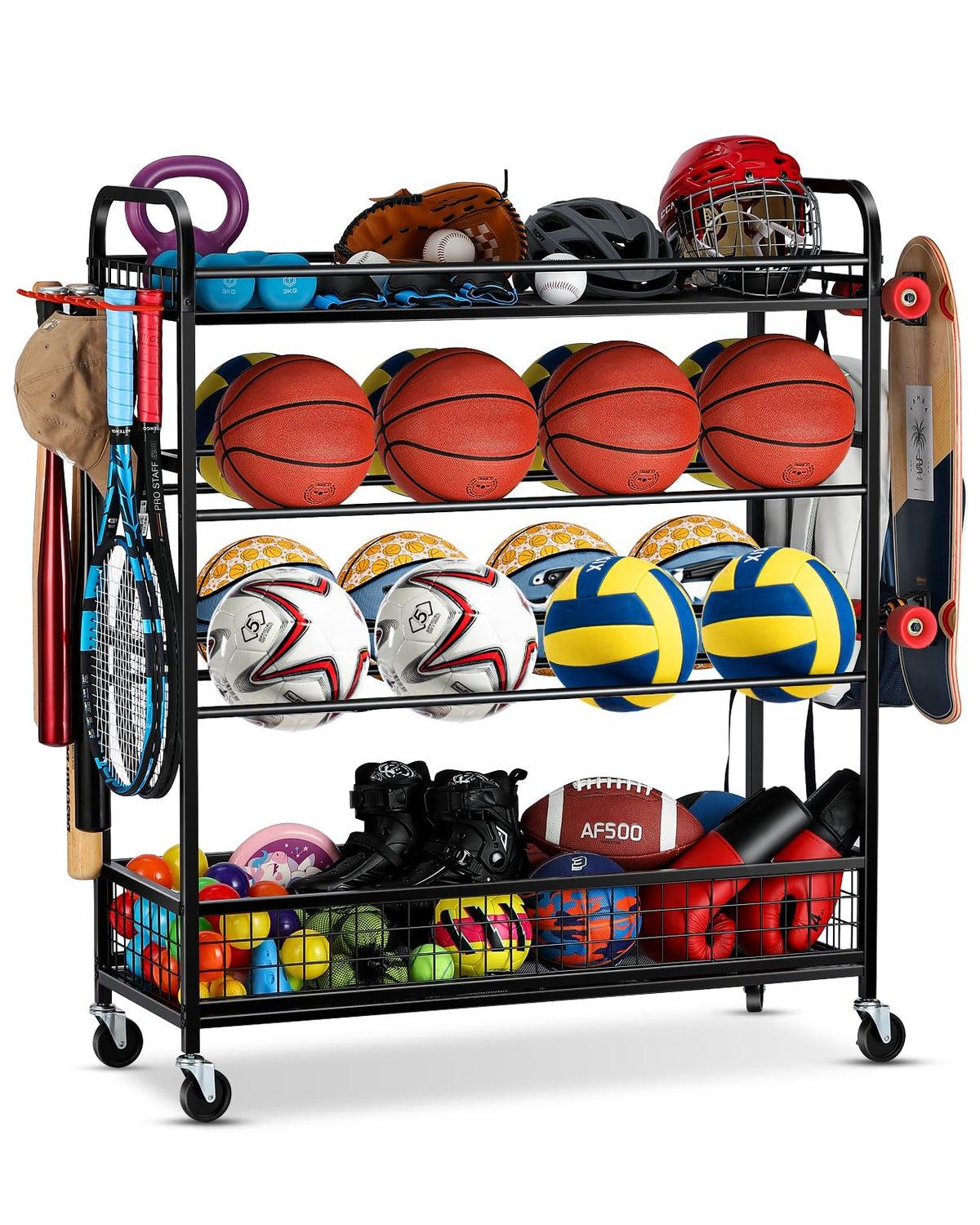 EXTCCT Garage Sports Equipment Organizer - Rolling Ball Storage with Wheels