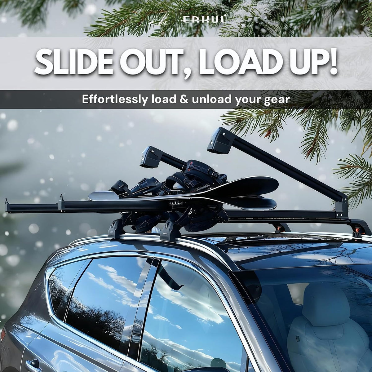 Erkul Ski Rack for Car Roof with Sliding Extension - 25" Universal Ski & Snowboard Rack with Lock | Holds 4 Pairs of Skis or 2 Snowboards - Fits All Types of Cross Bars-Black