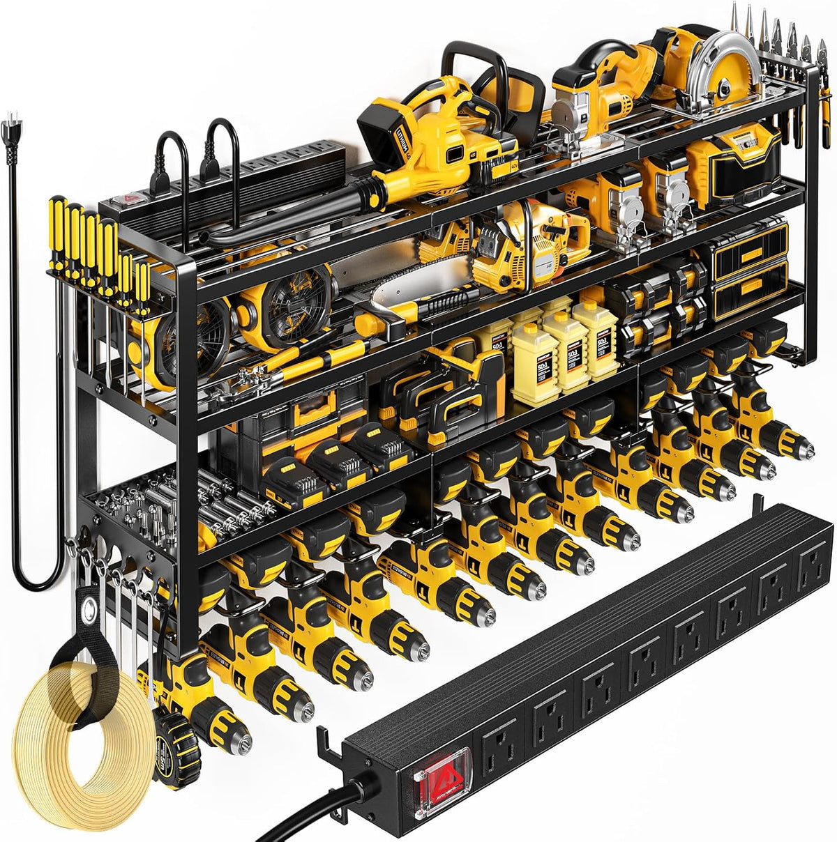 POKIPO Power Tool Organizer Wall Mount with Charging Station, 4 Tier Tool Battery Storage Rack Built in 8 Outlet Power Strip for Garage, 49" W, Black