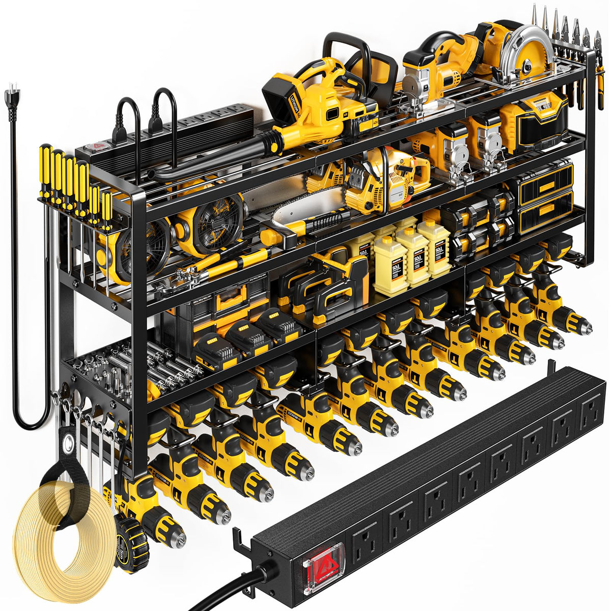 POKIPO Power Tool Organizer Wall Mount with Charging Station, 4 Tier Tool Battery Storage Rack Built in 8 Outlet Power Strip for Garage, 49" W, Black