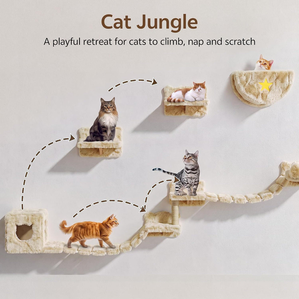 13-in-1 Cat Wall Shelves, Moon & Bridge Cat Wall Furniture, Beige