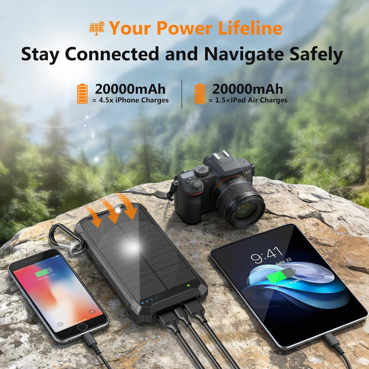 Solar Charger Power Bank 20000mAh, Wireless Fast Charging Battery Pack with 3 Built-in Cables & USB-C Input, Dual LED Flashlights, Portable Phone Charger for Camping, Travel & Emergency Use (Black)