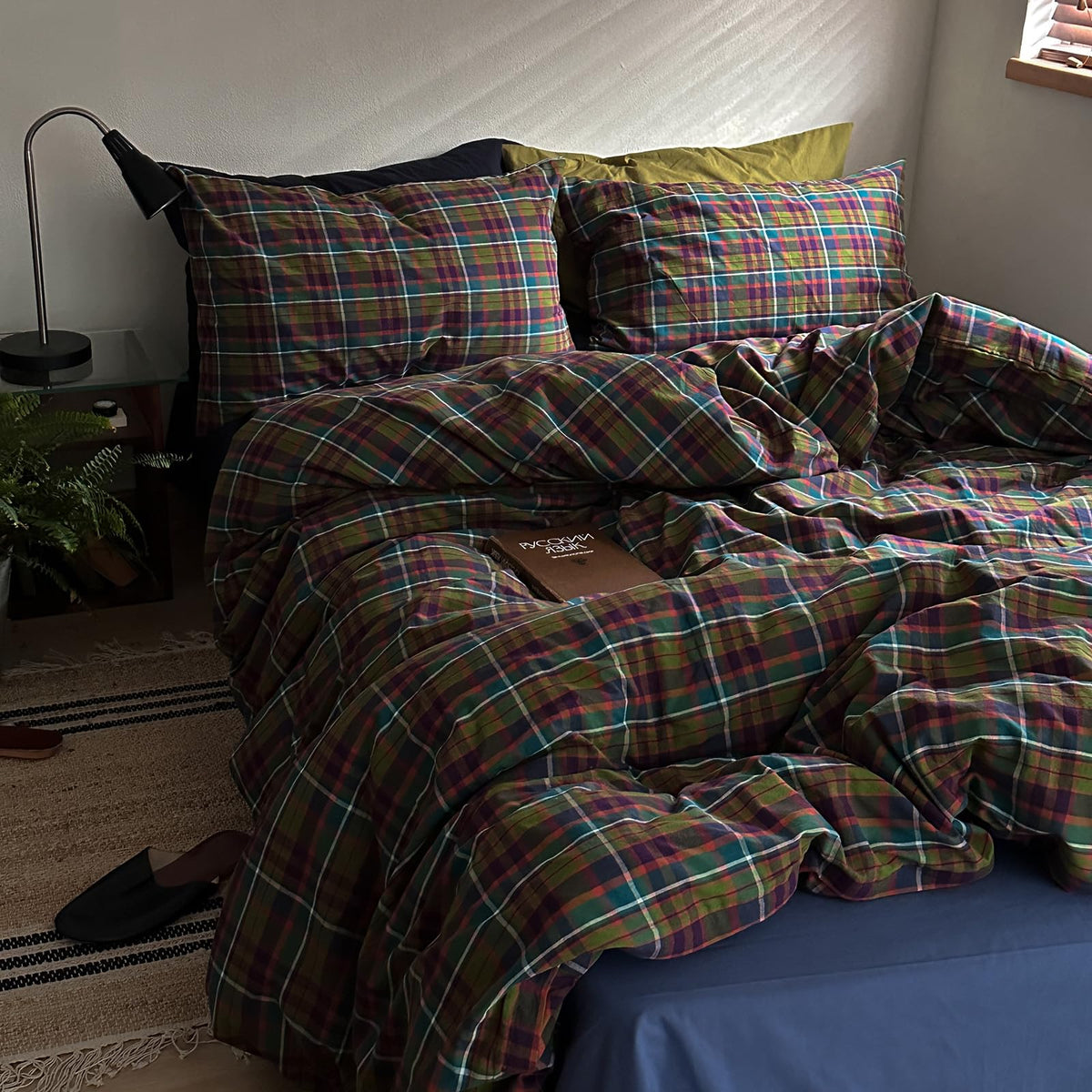 EAVD Vintage Buffalo Plaid Duvet Cover Queen Red&Black&Green Muslin Cotton