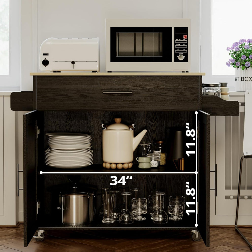 IRONCK Kitchen Island Table on Wheels with Drop Leaf, 47.25" Wide Black