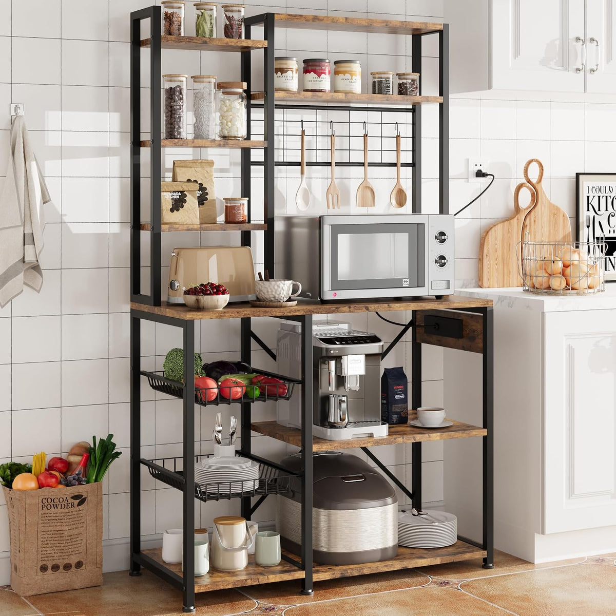 IDEALHOUSE Bakers Rack with Power Outlet, Microwave Stand with 2 Wire Drawer, Industrial Coffee Bar Station, 7-Tier Kitchen Bakers Rack with Large Storage for Spice, Pots Organizer, Rustic Brown