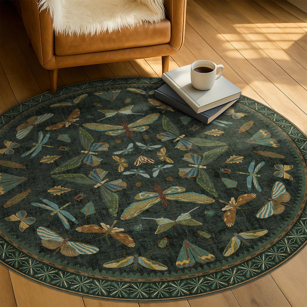 Hazo Haus Dark Green Insect Area Rugs 8x10 for Living Room, Dining Room Under Table, Bedroom, Unique Washable Floral Non Slip Low Pile Soft Rug
