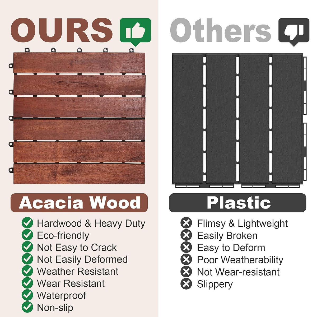 PrimeZone 54 PCS Solid Acacia Wood Interlocking Deck Tiles Outdoor, Brown