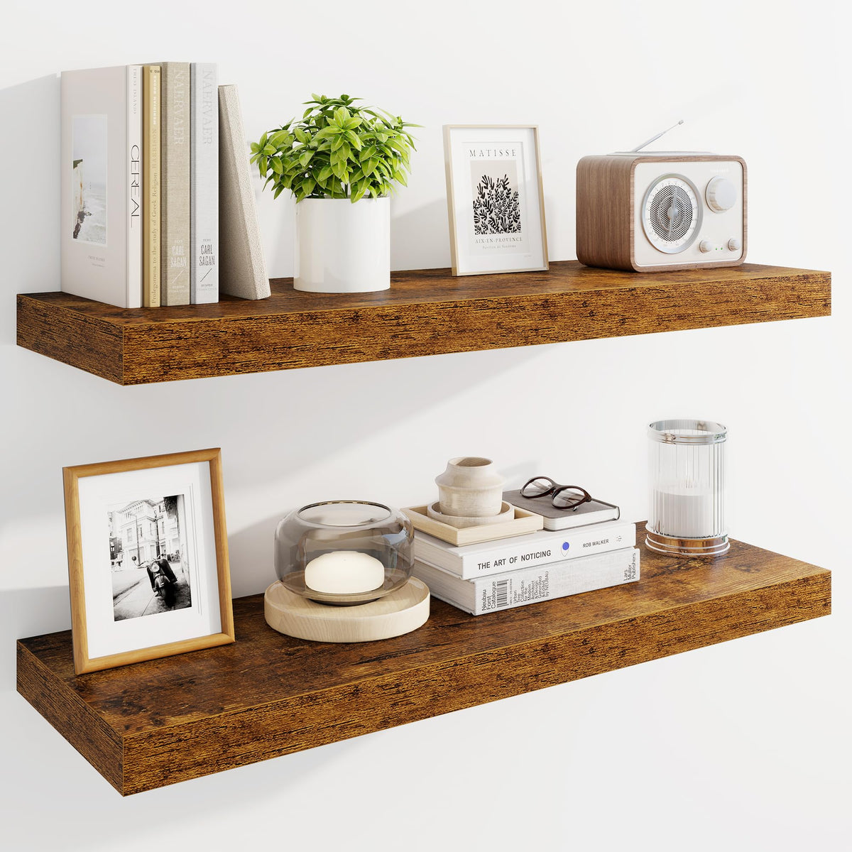 Marsmiles 55" Floating Shelves for Wall, Wooden Shelves with Invisible Brackets Set of 2, Rustic Farmhouse Wall Mounted Shelf for Kitchen Bathroom Living Room Study, White
