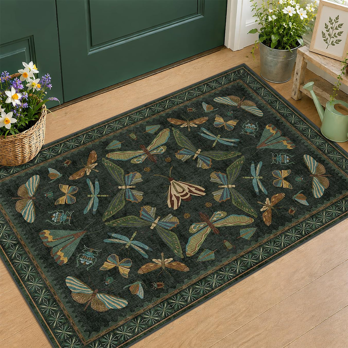 Hazo Haus Dark Green Insect Area Rugs 8x10 for Living Room, Dining Room Under Table, Bedroom, Unique Washable Floral Non Slip Low Pile Soft Rug