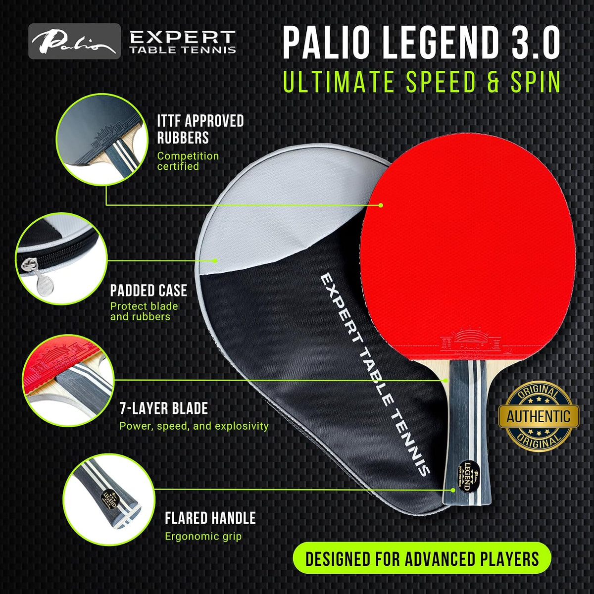 Palio Legend 3.0 Table Tennis Racket & Case | ITTF-Approved Advanced Ping Pong Paddle | Maximum Power, Speed & Spin