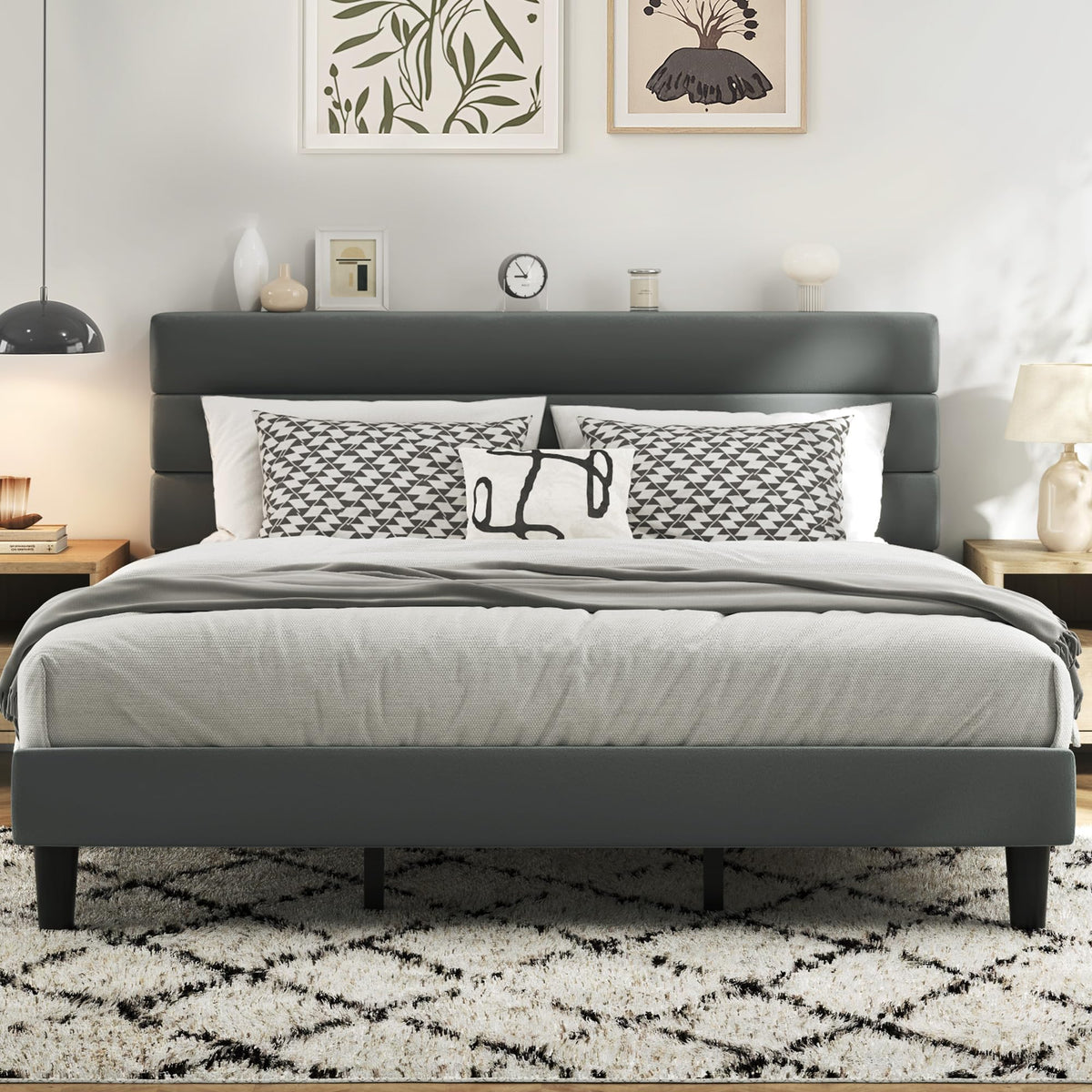 Fluest Queen Bed Frame, Platform Bed Frame with Velvet Upholstered Headboard, No Box Spring Needed, Sturdy Metal Support, Noise Free, Easy Assembly, Modern Bedroom Furniture, Beige