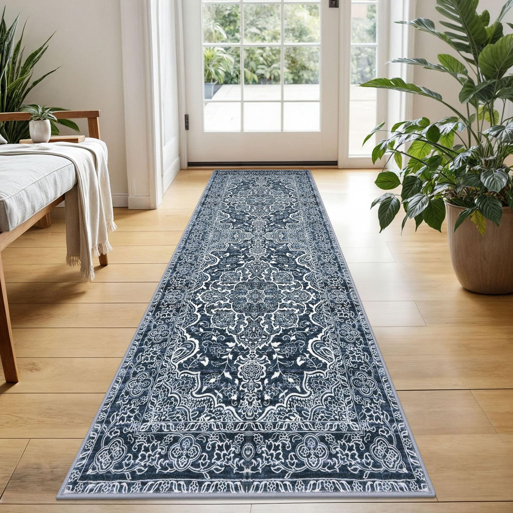 KUTA Vintage Extra Long Runners for Hallways 2.6x18ft Washable Blue White