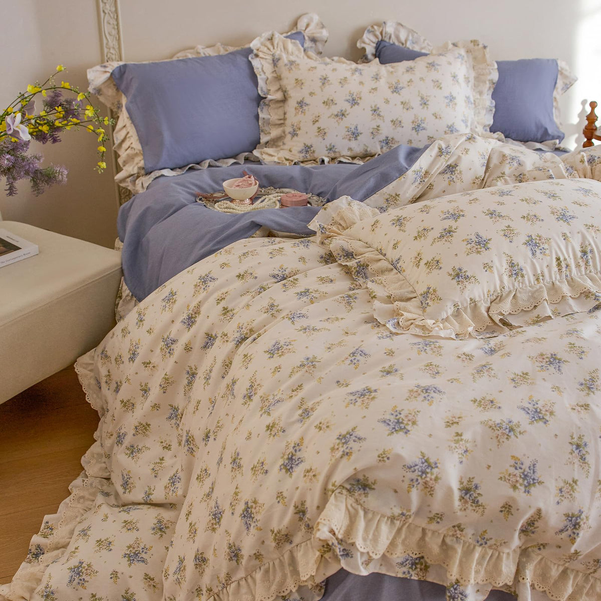 LifeTB Green Floral 100% Jersey Knit Cotton Duvet Cover Queen Vintage Style Botanical Floral Bedding Set Chic Shabby Green Floral Comforter Cover Girl Women Flower Bedding Cover with 2 Pillowcases
