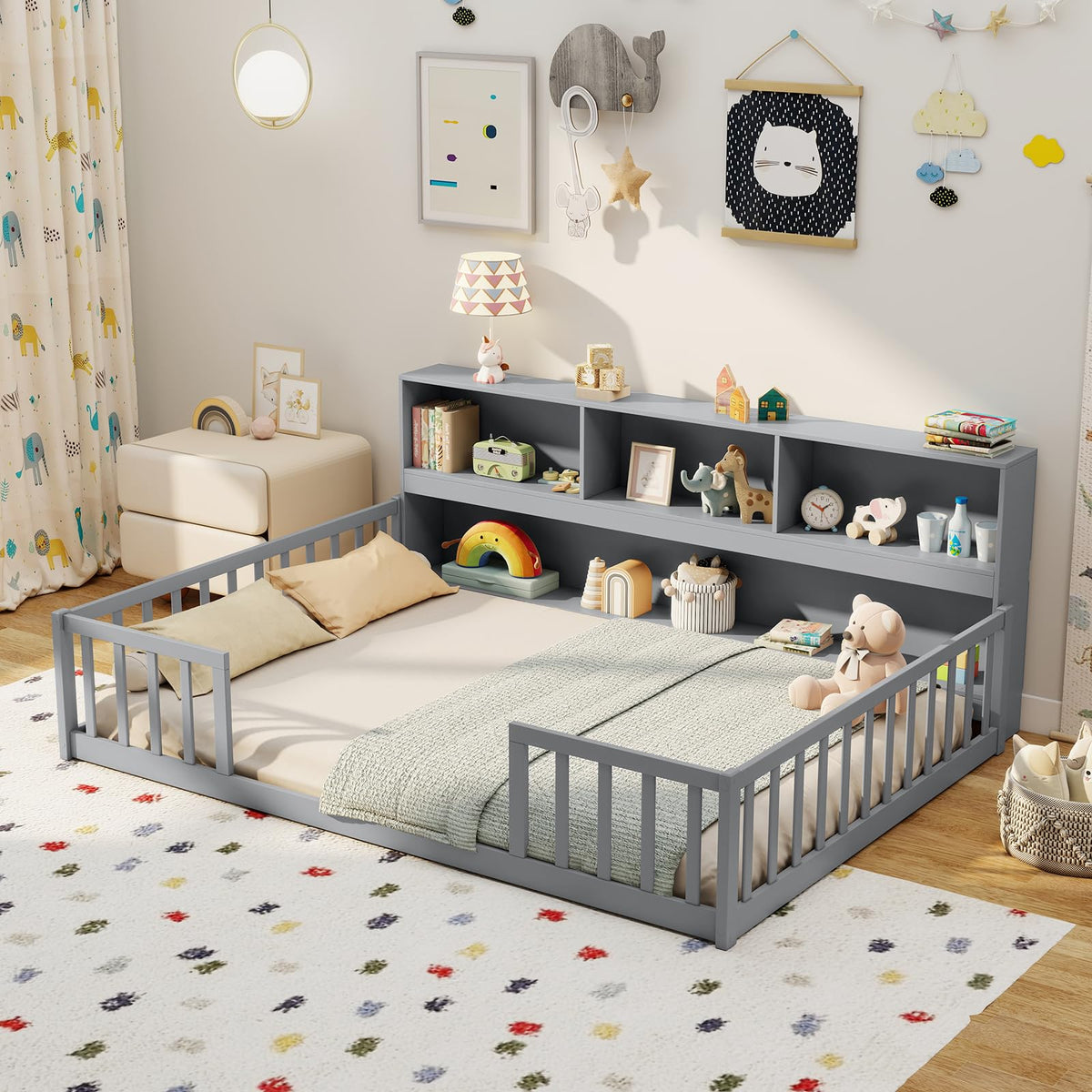 GIANTEX Twin Floor Bed with Fence for Kids, Wooden Montessori Bed Frame with Lockable Door & Guardrails, Low Floor Beds for Kids, Boys, Girls, No Box Spring Needed, Without Wood Slats, White