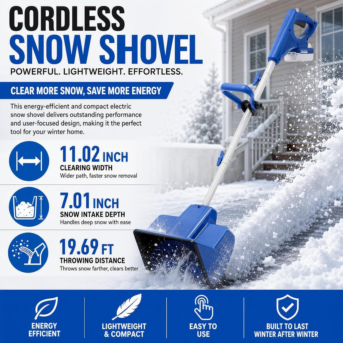 Cordless Snow Shovel, Electric Snow Blower Rechargeable Snow Thrower Snow Sweeper 11.02 Inch Wide w/4.0Ah Lithium Batteries with Ten Cells for Quickly Remove Both Thin & Thick Snow Cover