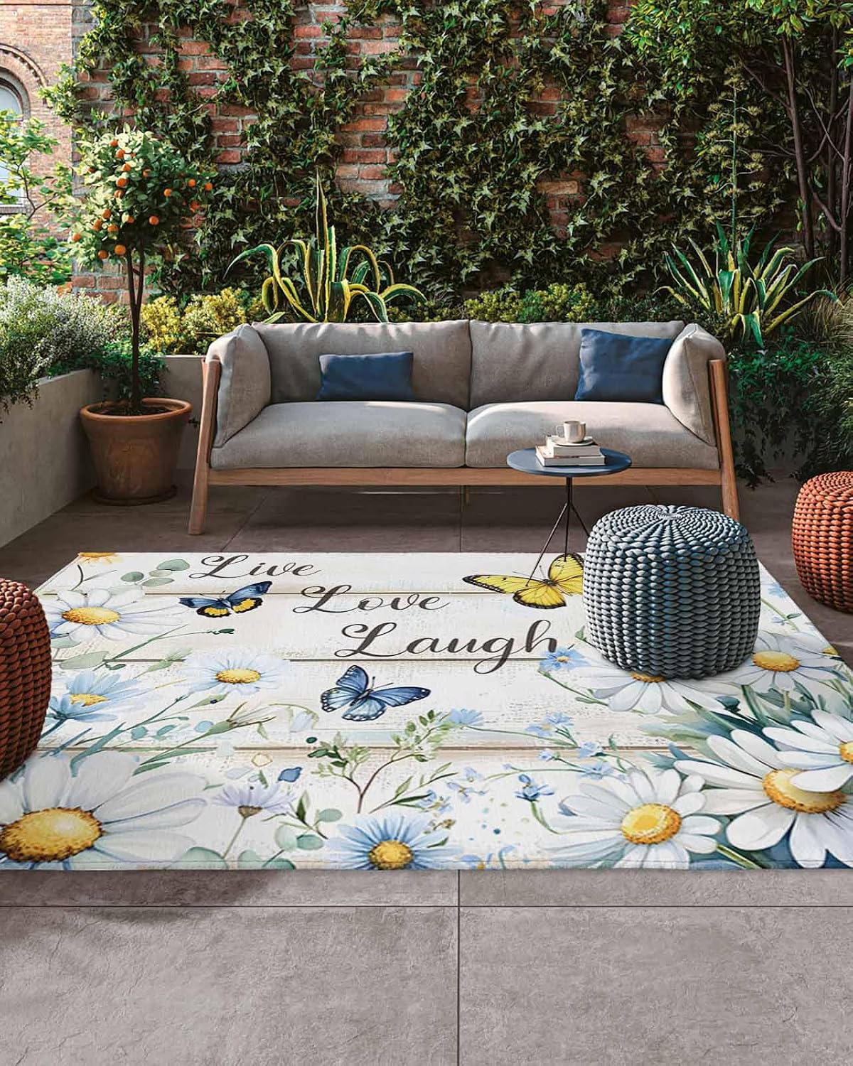 Summer Daisy Butterfly Outdoor Rug 5x8ft, Waterproof Indoor Outdoor Rug for Patio, Farmhouse Flowers Wooden Camping Carpet Mat Outside Area Rug for RV Picnic Beach Balcony Deck Backyard