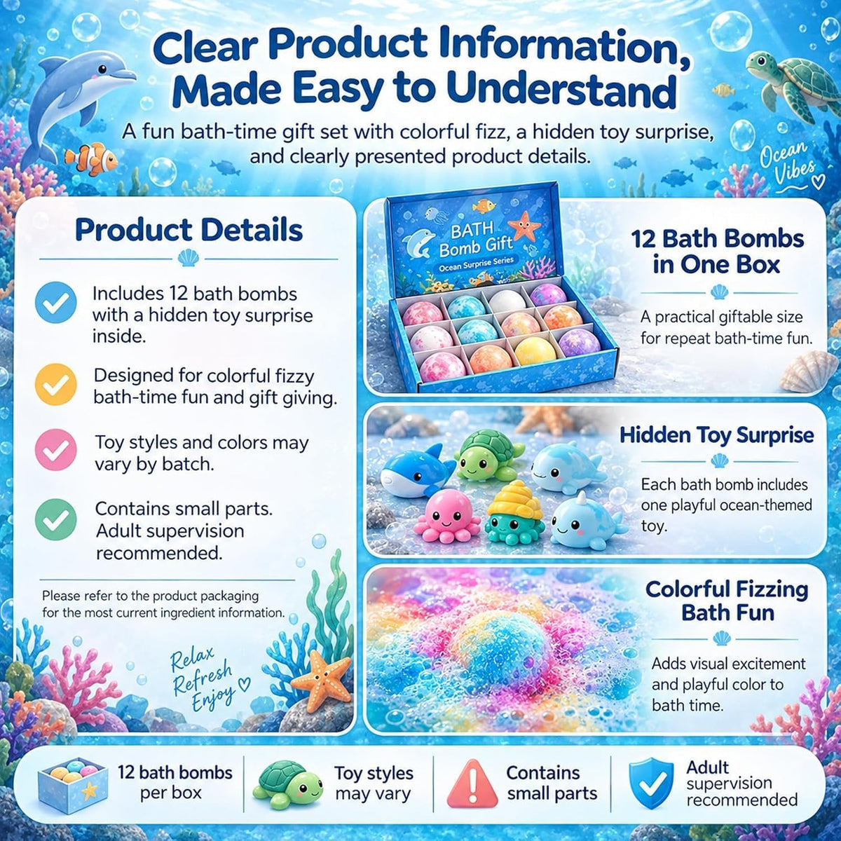 2026 New Ocean Toy Bath Salt Ball Sleeve Box Bath Bombs,Upgrade Kids Bath Bombs Gift Set, Handmade Nature Bubble Bath Fizzes Bomb，Birthday Gifts for Kid (Style B)