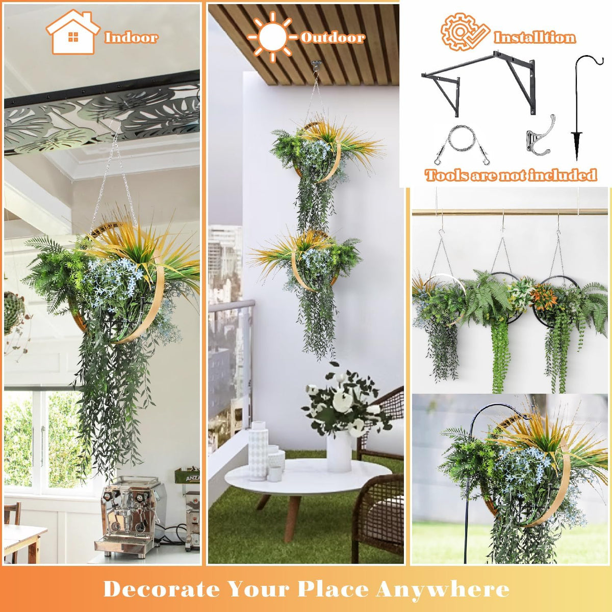 7PCS Artificial Plant Hanging Pot with Lanyard for Indoor and Outdoor Wall Decoration (Green Orange)