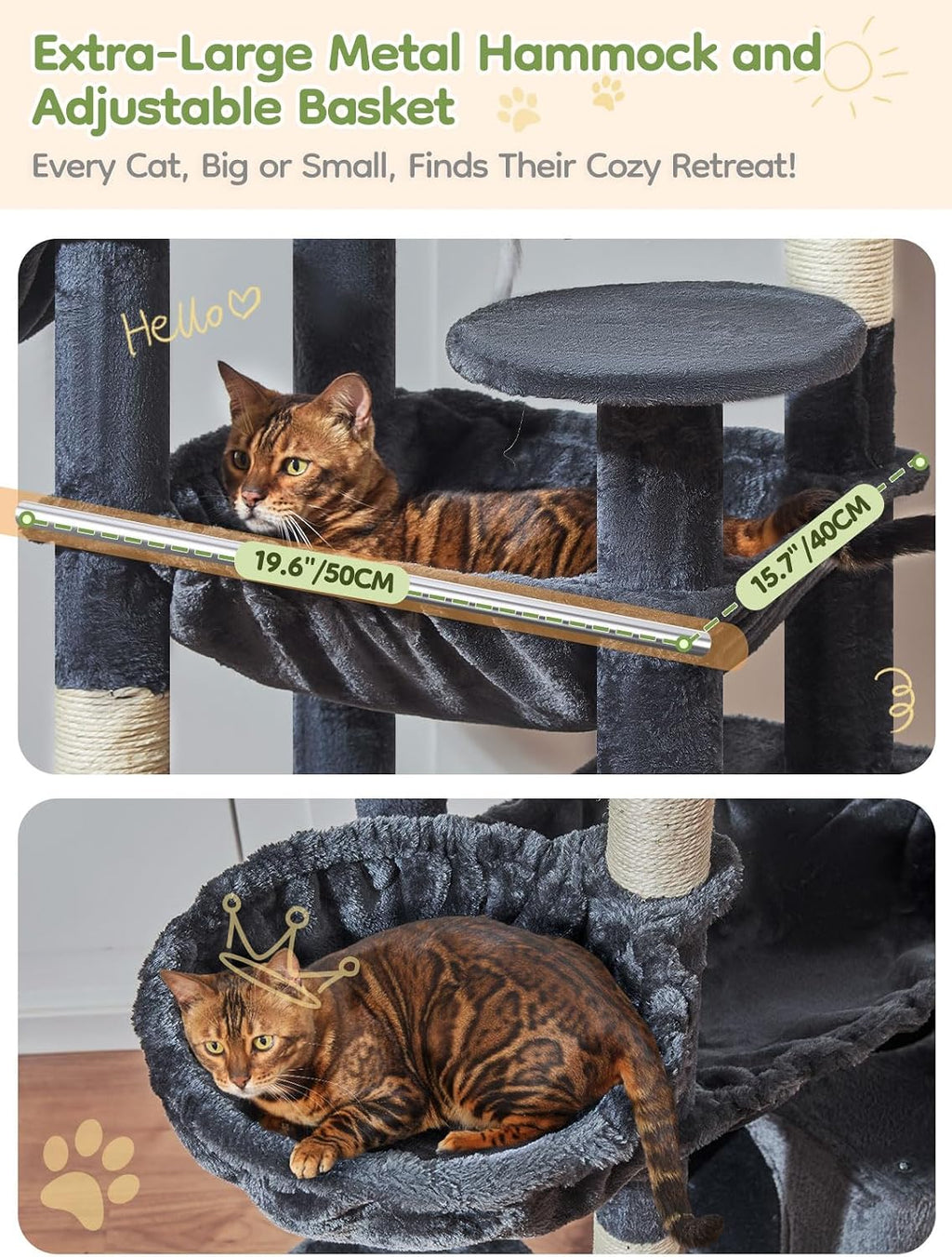 Taoqimiao Tall Cat Tree, 76In XL Cat Tower for Large Cats, 3 Padded Perches