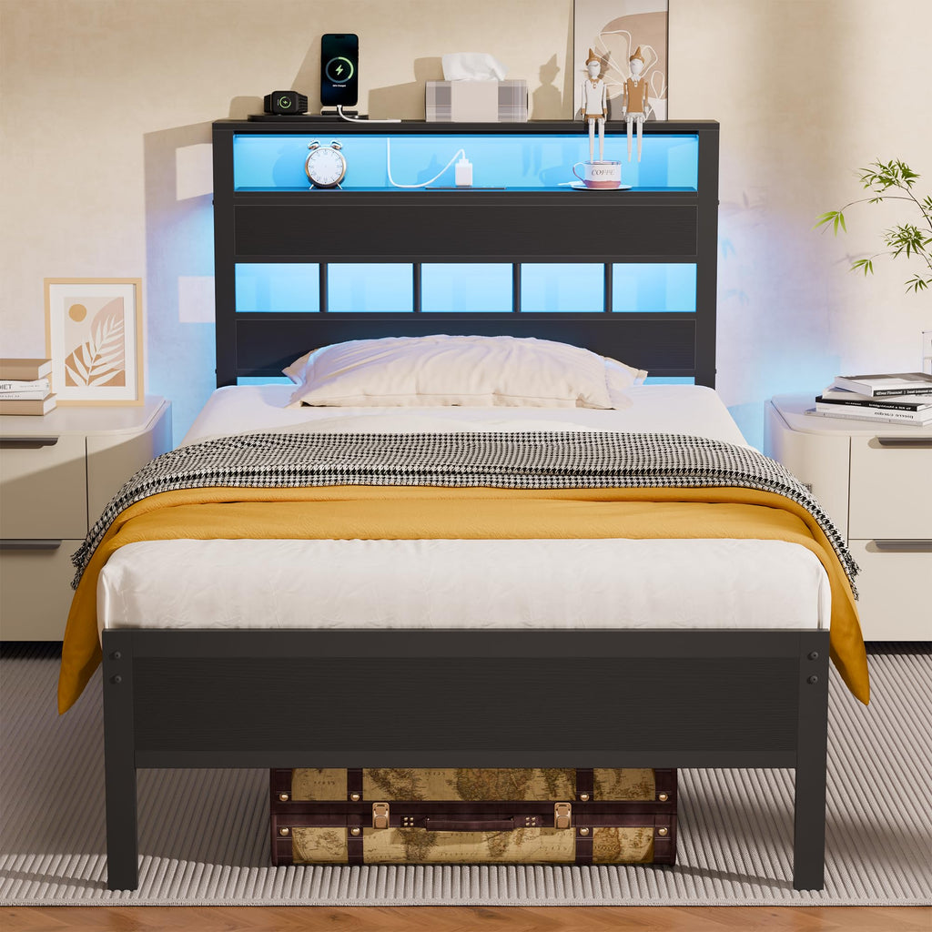 Furnulem Full Size Bed Frame, Storage Headboard, LED & Charger, Black Oak