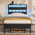 Furnulem Full Size Bed Frame, Storage Headboard, LED & Charger, Black Oak