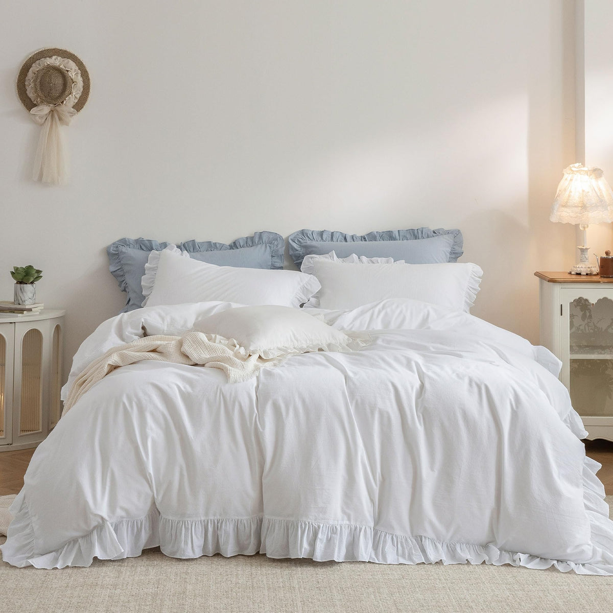 Duvet Cover Set Washed Cotton Embroidered Hem King 3‑Pcs