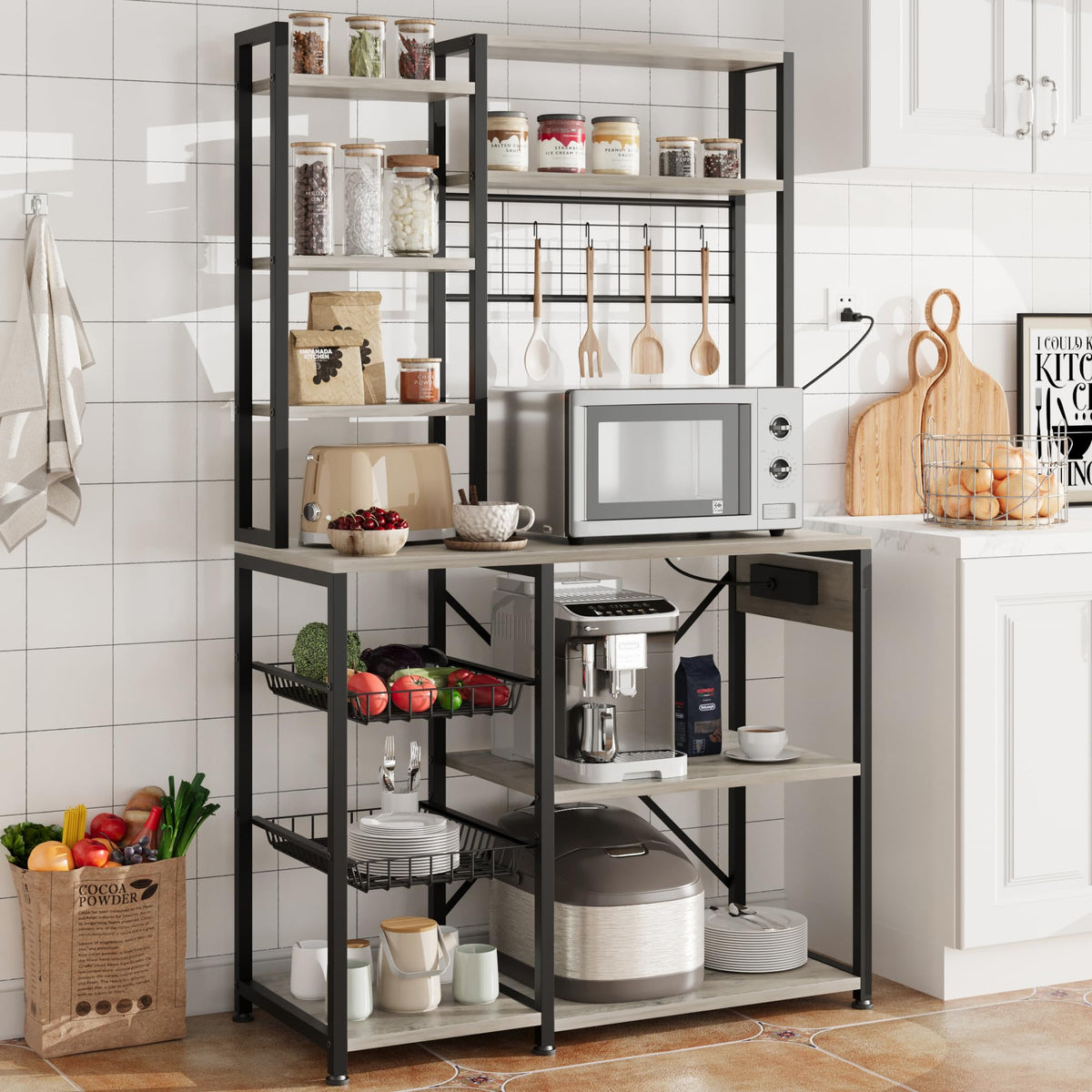 IDEALHOUSE Bakers Rack with Power Outlet, Microwave Stand with 2 Wire Drawer, Industrial Coffee Bar Station, 7-Tier Kitchen Bakers Rack with Large Storage for Spice, Pots Organizer, Rustic Brown