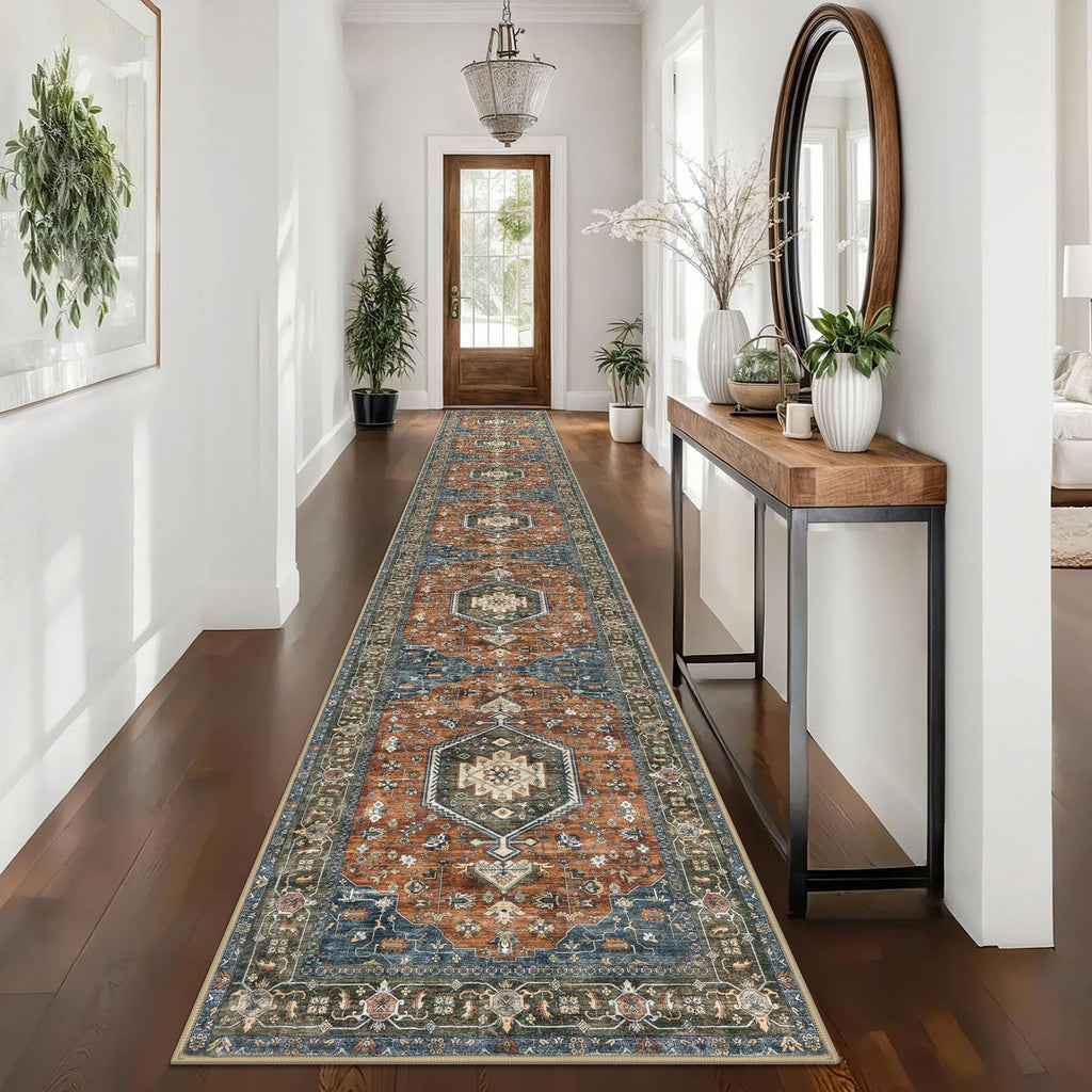 KUTA Vintage Extra Long Runners for Hallways 2.6x18ft Washable Blue White