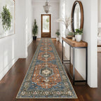 KUTA Vintage Extra Long Runners for Hallways 2.6x18ft Washable Blue White