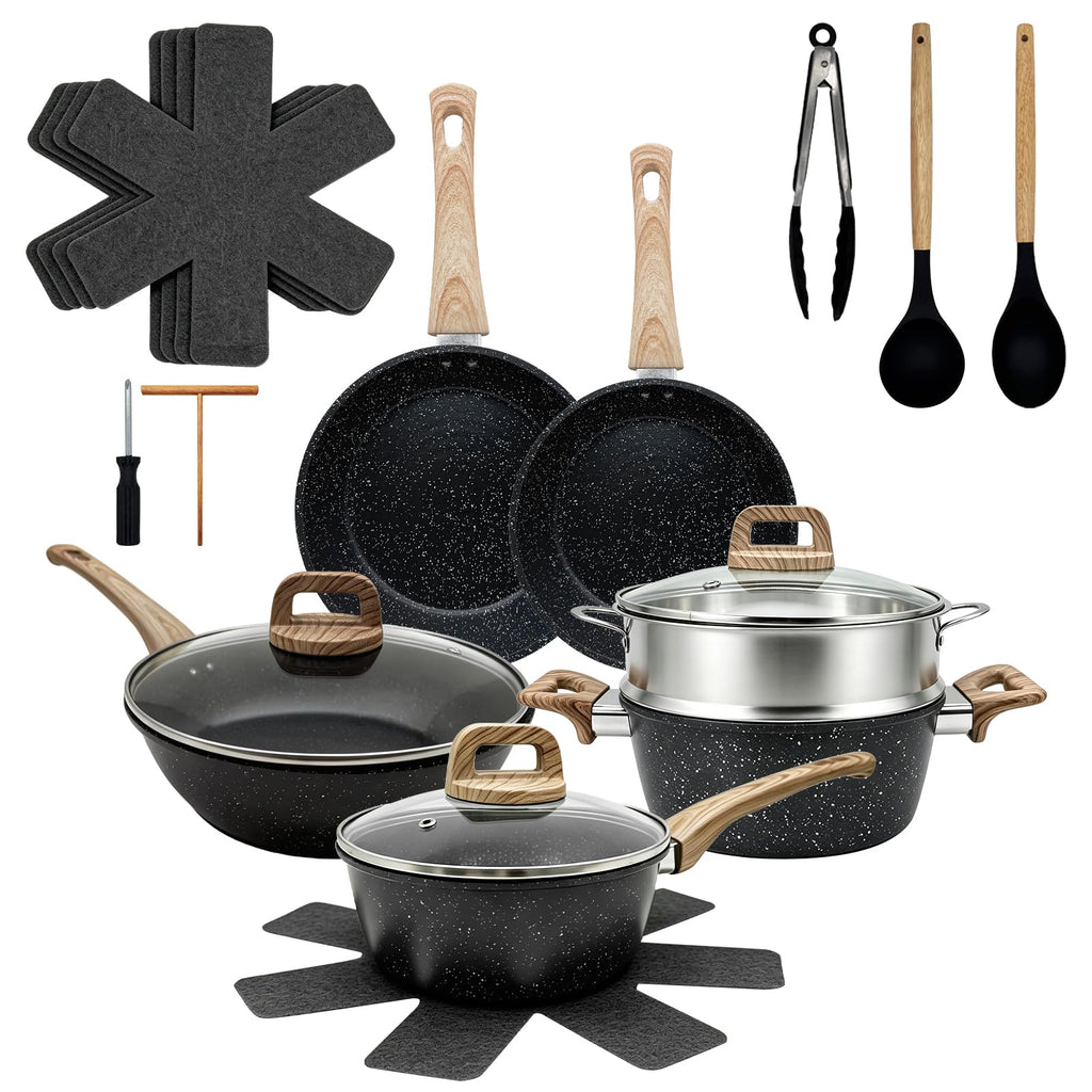 16PCS Nonstick Pots and Pans Set, Premium Nonstick Cookware with Lids and Utensils, 2.4QT to 8.8QT Casseroles, Healthy Kitchen Cookware Set, Dishwasher Safe, Induction Compatible, Black