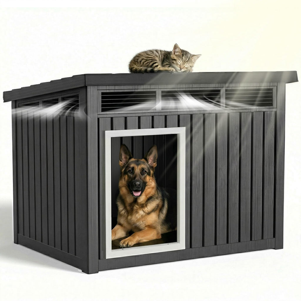 35 Inch Dog House Outdoor with Windows,Indoor/Outdoor,Blue