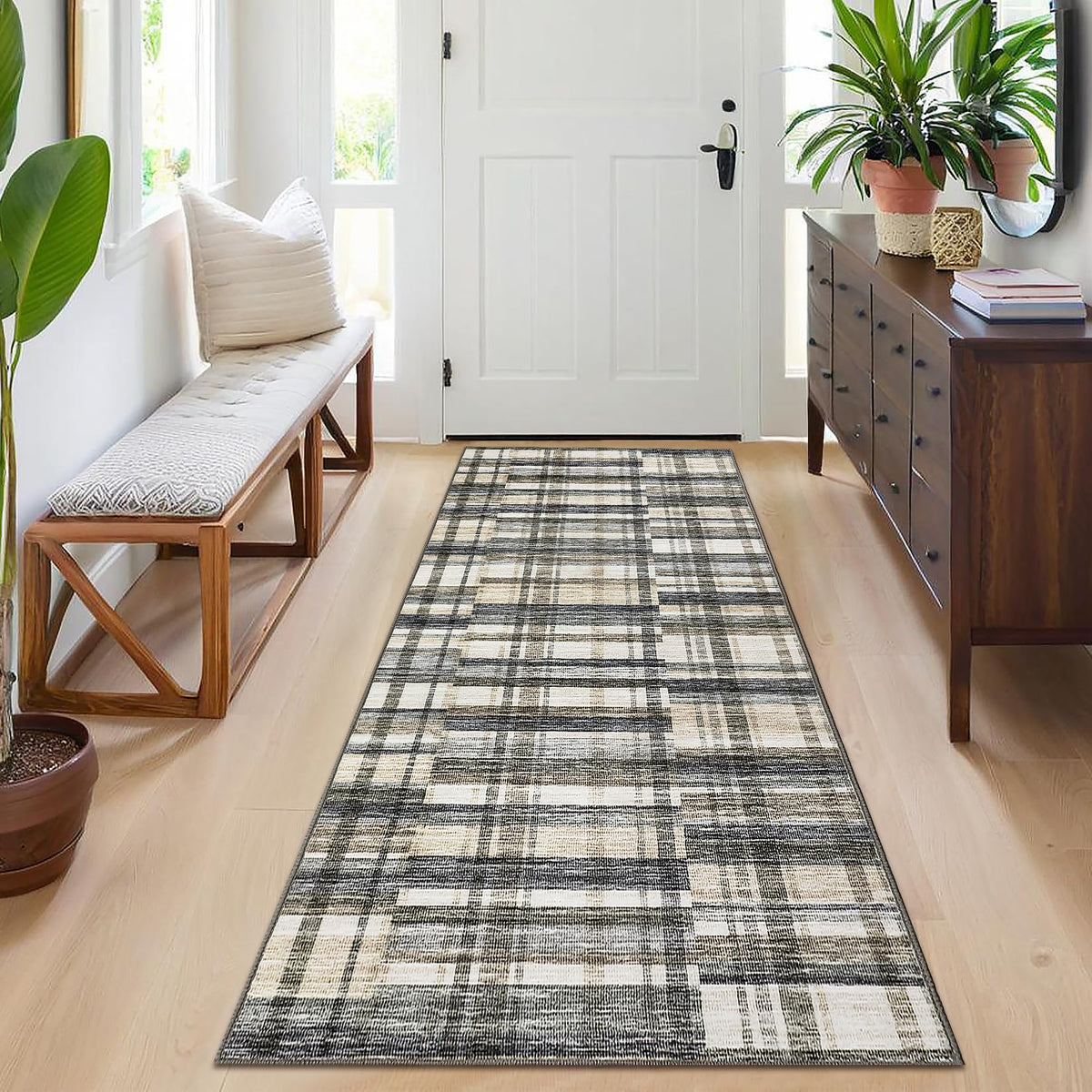 Modern Washable 8x10 Area Rug - Soft, Non-Slip, Stain Resistant, Farmhouse Tartan Plaid for Living Room, Bedroom, Nursery, Office - Beige