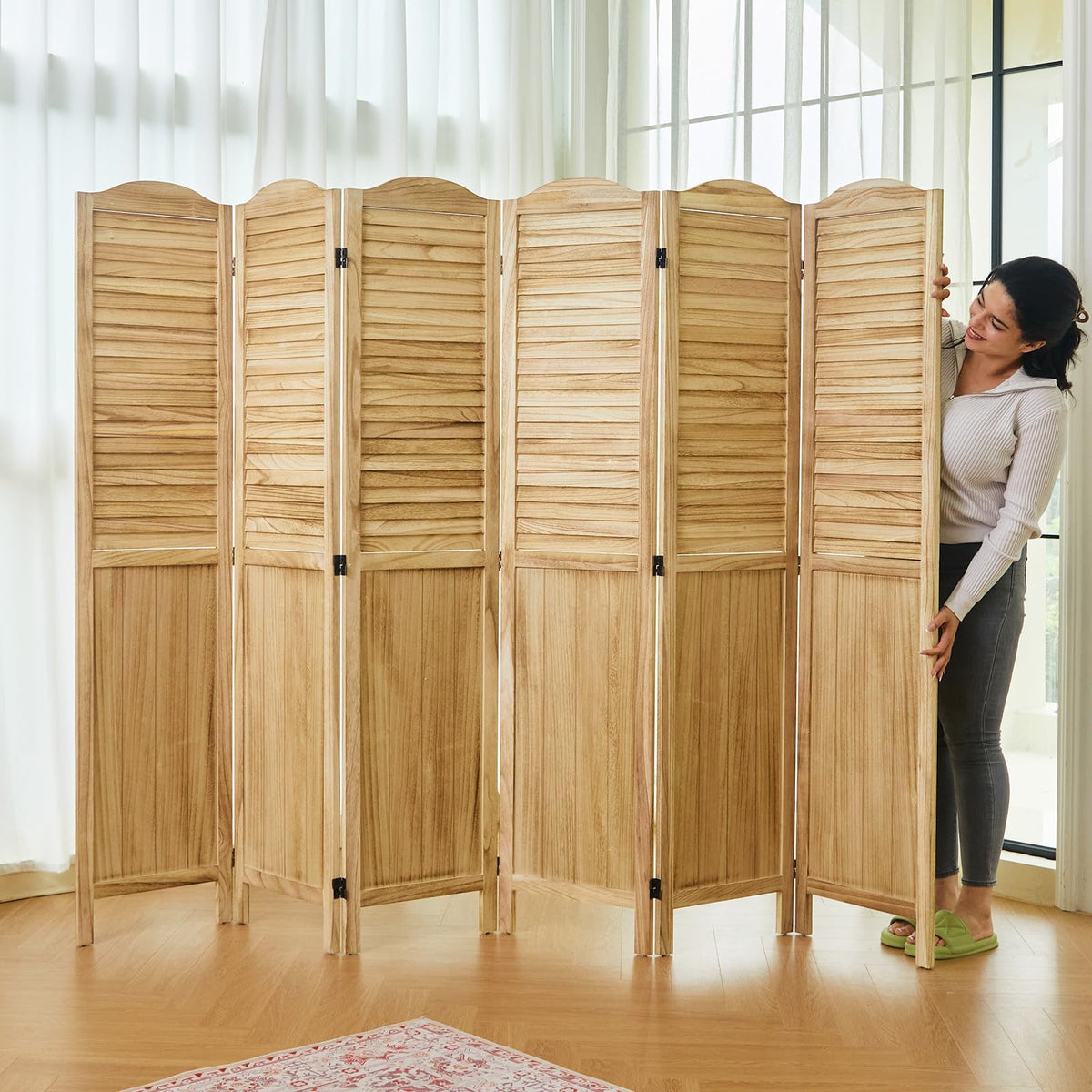 Room Dividers and Folding Privacy Screens, Wood Louvered Separators Divider Wall for Home Office Bedroom - 4 Panels, 67 * 60inch (White-Washed)