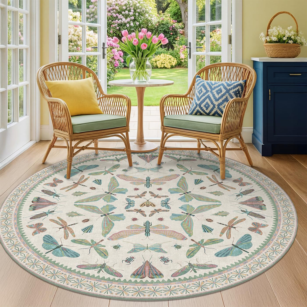 Hazo Haus Dark Green Insect Area Rugs 8x10 for Living Room, Dining Room Under Table, Bedroom, Unique Washable Floral Non Slip Low Pile Soft Rug