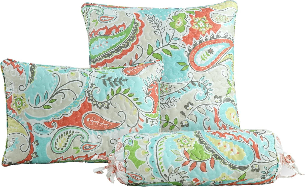 Cozy Line Home Fashions Turquoise Blue Coral Floral Leaf Reversible Quilt Bedding Set, Coverlet Bedspread Lightweight for All Seasons (Mirage Paisley, King - 6 Piece)