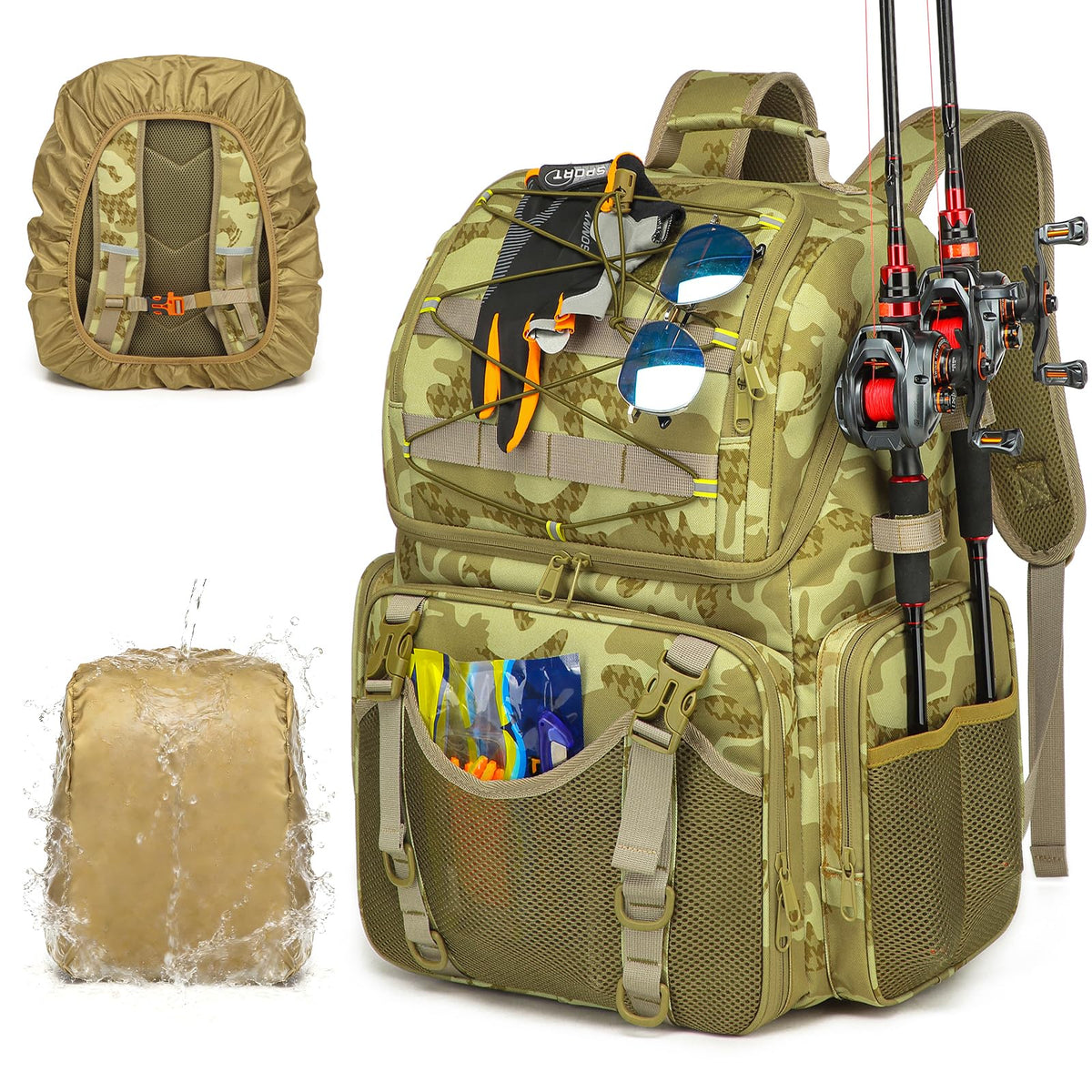 RUCYEN Fishing Backpack, 45L Large Cooler Fishing Tackle bag with Rod Holders & Rain Cover, Water-resistant Store Gear (Khaki Camo(With 4 Tackle Boxes))