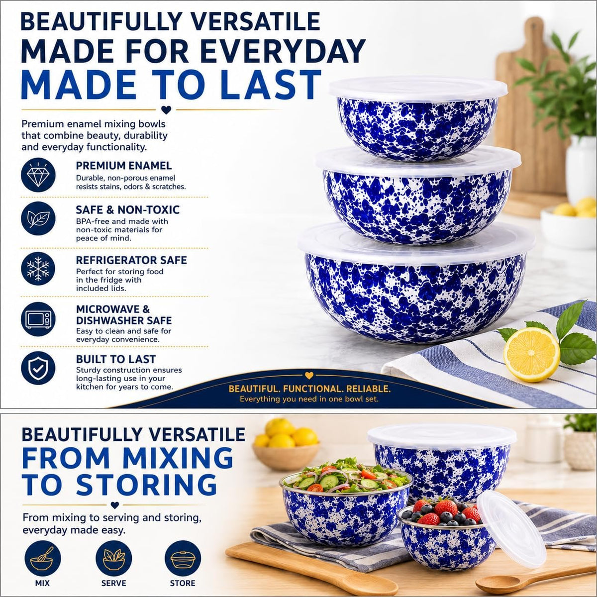Golden Rabbit Enamelware Nested Mixing Bowls with Lids, Set of 3, Cobalt Swirl