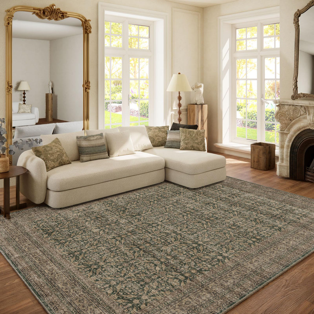 Washable Area Rugs for Living Room: 9x12 Bedroom Rug Boho Vintage Area Rug Stain Resistant Non Slip Low Pile Lightweight Soft Carpets for Dining Room Kitchen Nursery Kids Room Playroom Home Office