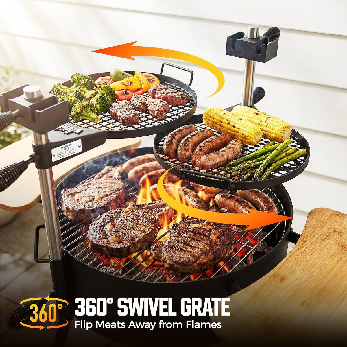 BIG HORN Santa Maria Grill, Portable Argentinian Parrilla with Adjustable Height & 360° Rotating Grates, Charcoal Open Fire BBQ Grill with Rotisserie for Camping, Patio & Backyard