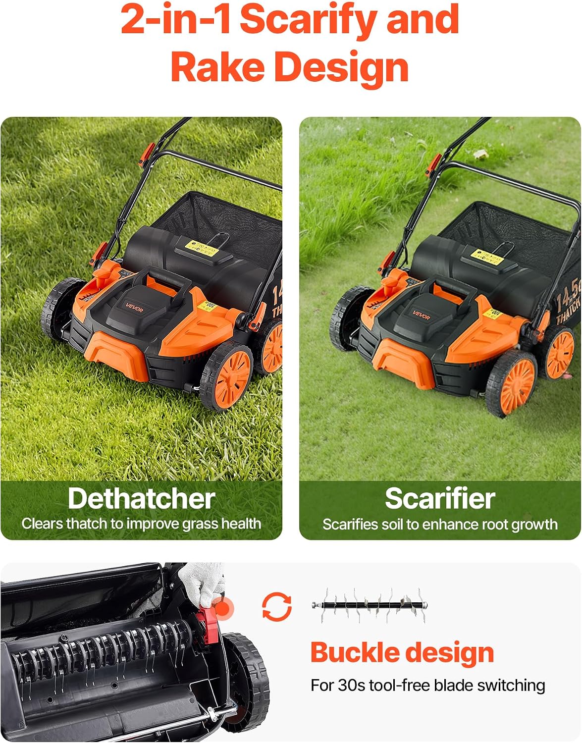 VEVOR 2-in-1 Electric Dethatcher and Scarifier, 16-Inch 15 Amp, Corded
