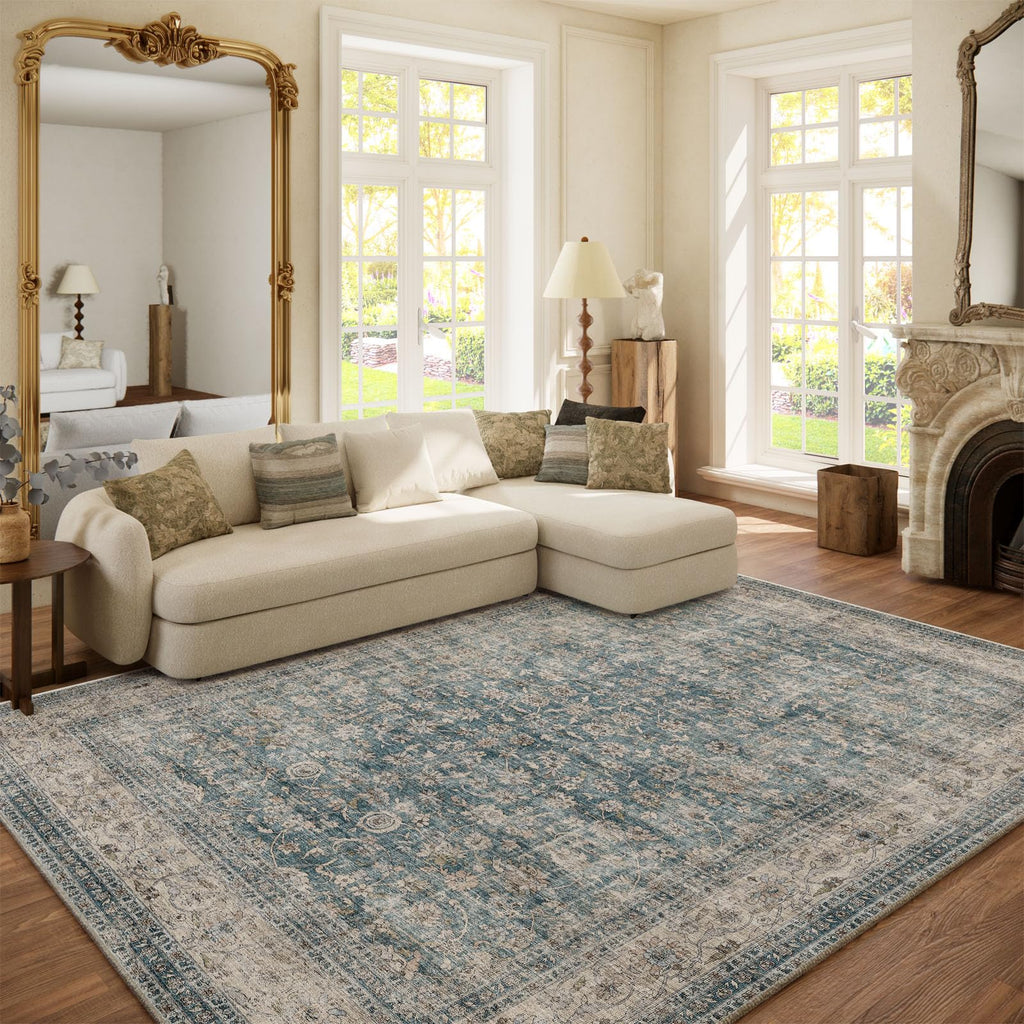 Washable Area Rugs for Living Room: 9x12 Bedroom Rug Boho Vintage Area Rug Stain Resistant Non Slip Low Pile Lightweight Soft Carpets for Dining Room Kitchen Nursery Kids Room Playroom Home Office