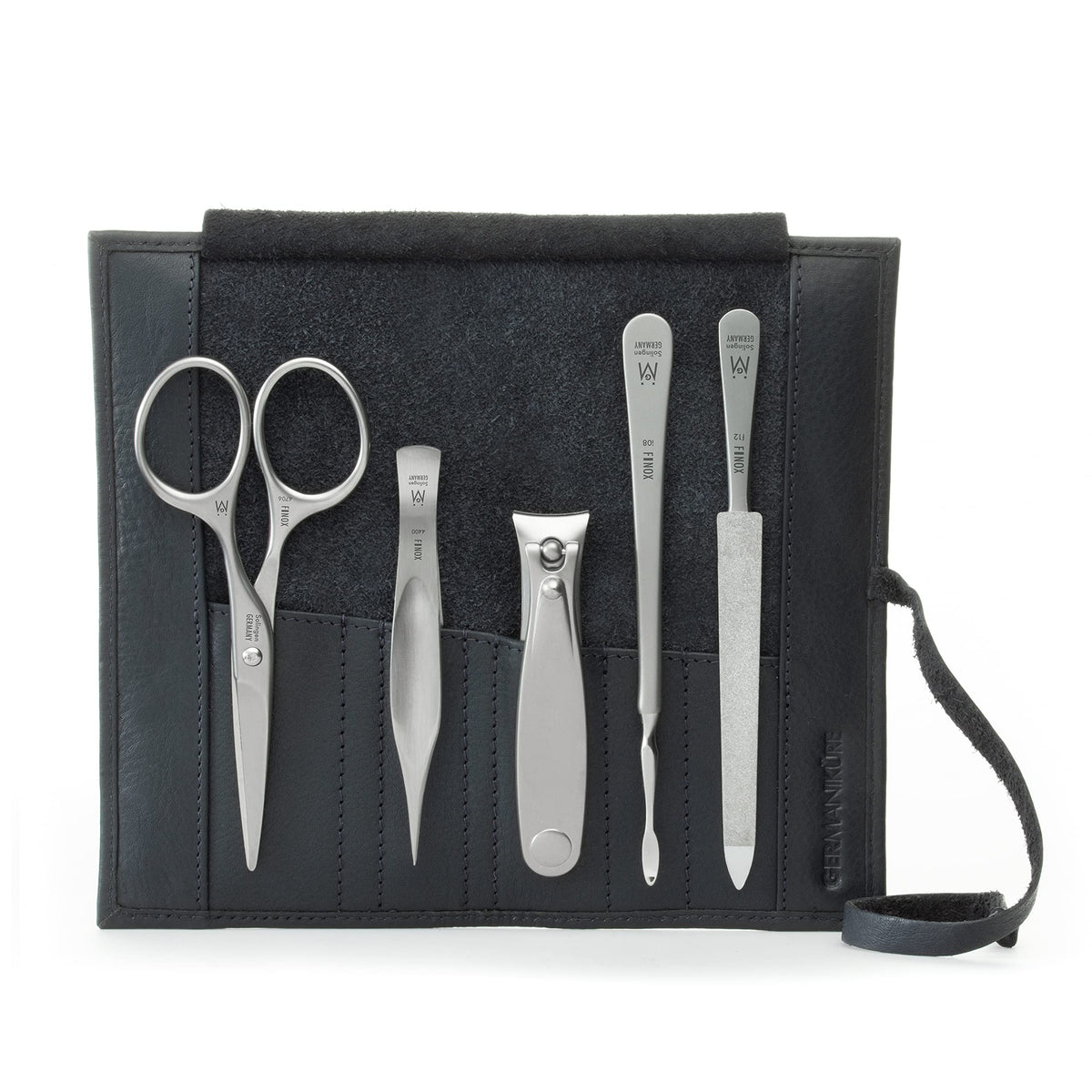 GERMANIKURE 7pc Manicure & Pedicure Set, FINOX Steel, Purple Leather Roll