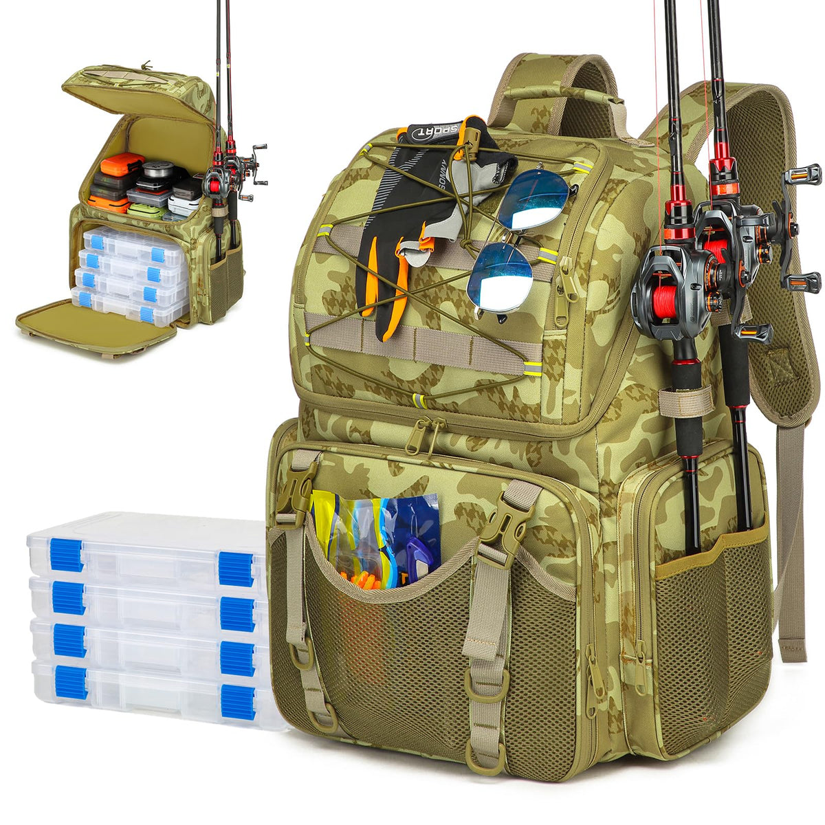 RUCYEN Fishing Backpack, 45L Large Cooler Fishing Tackle bag with Rod Holders & Rain Cover, Water-resistant Store Gear (Khaki Camo(With 4 Tackle Boxes))