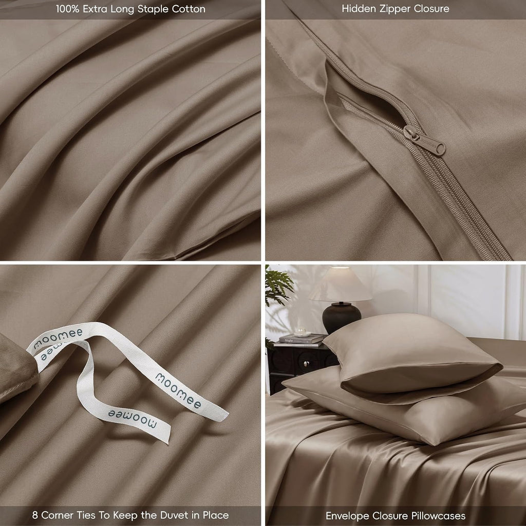 MooMee Queen Duvet Cover Set 100% Extra Long Staple Cotton Cooling Bedding