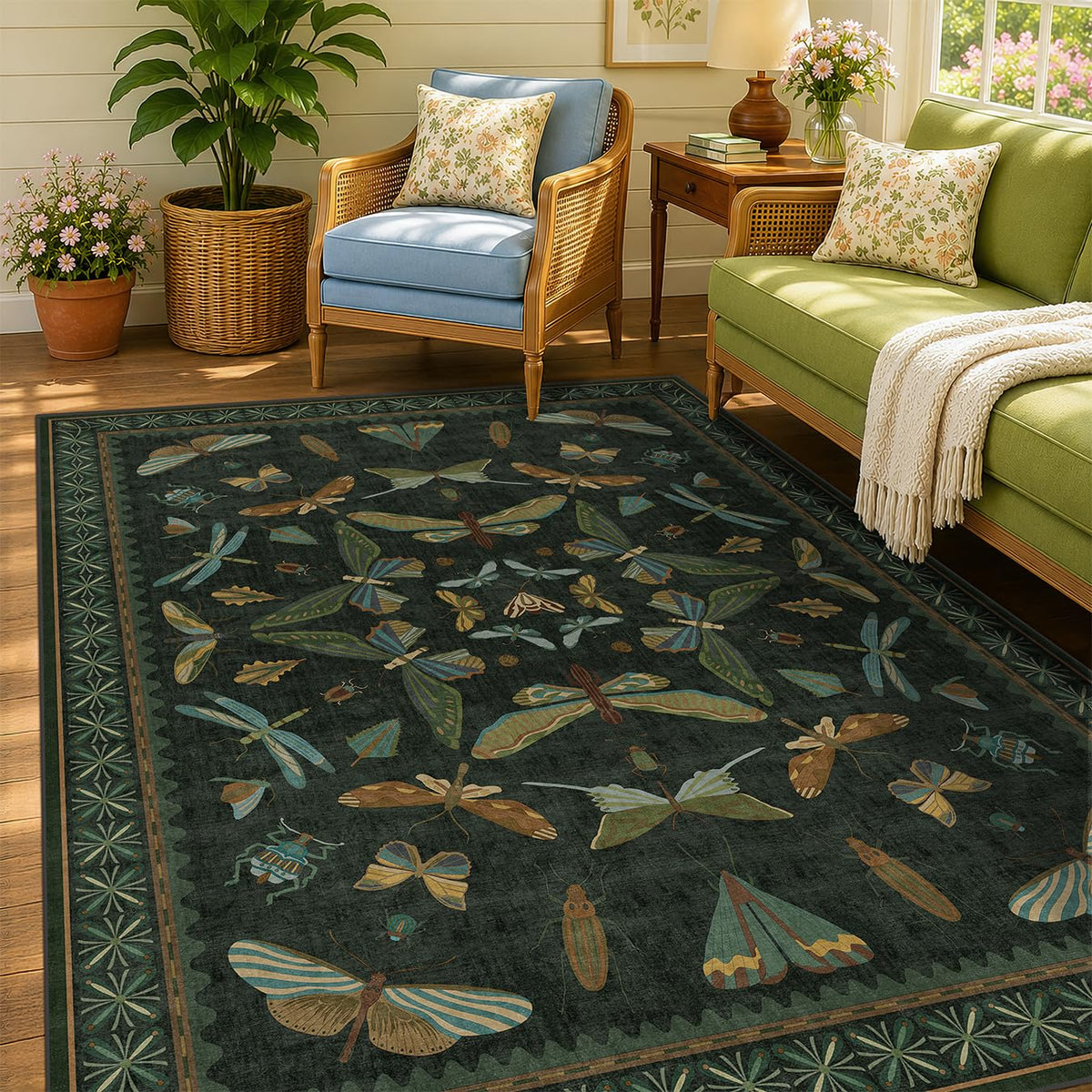 Hazo Haus Dark Green Insect Area Rugs 8x10 for Living Room, Dining Room Under Table, Bedroom, Unique Washable Floral Non Slip Low Pile Soft Rug